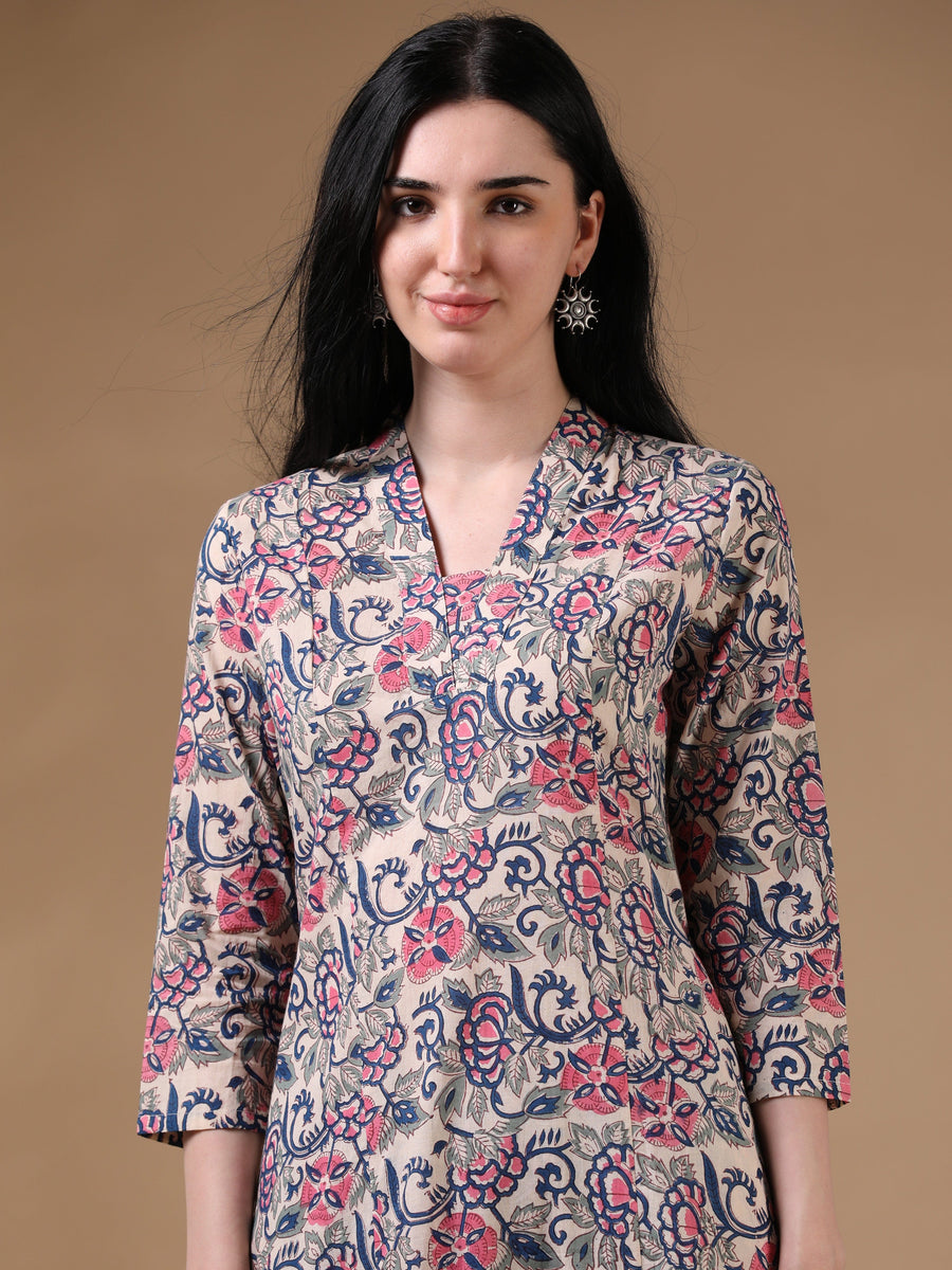 Cream 3/4th Sleeve Block Print A-Line Kurta