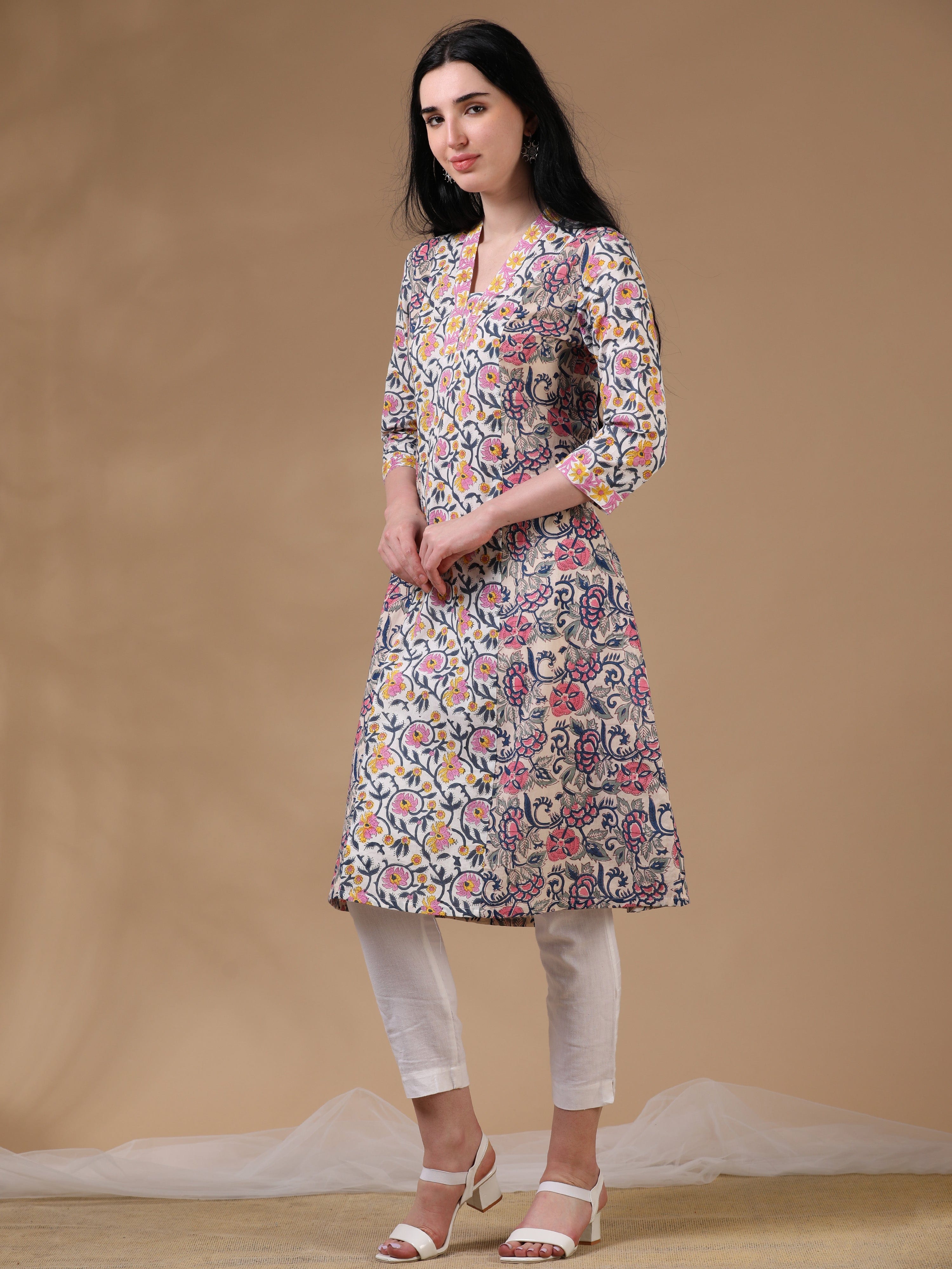 White 3/4th Regular Sleeve Block Print A-Line Dress