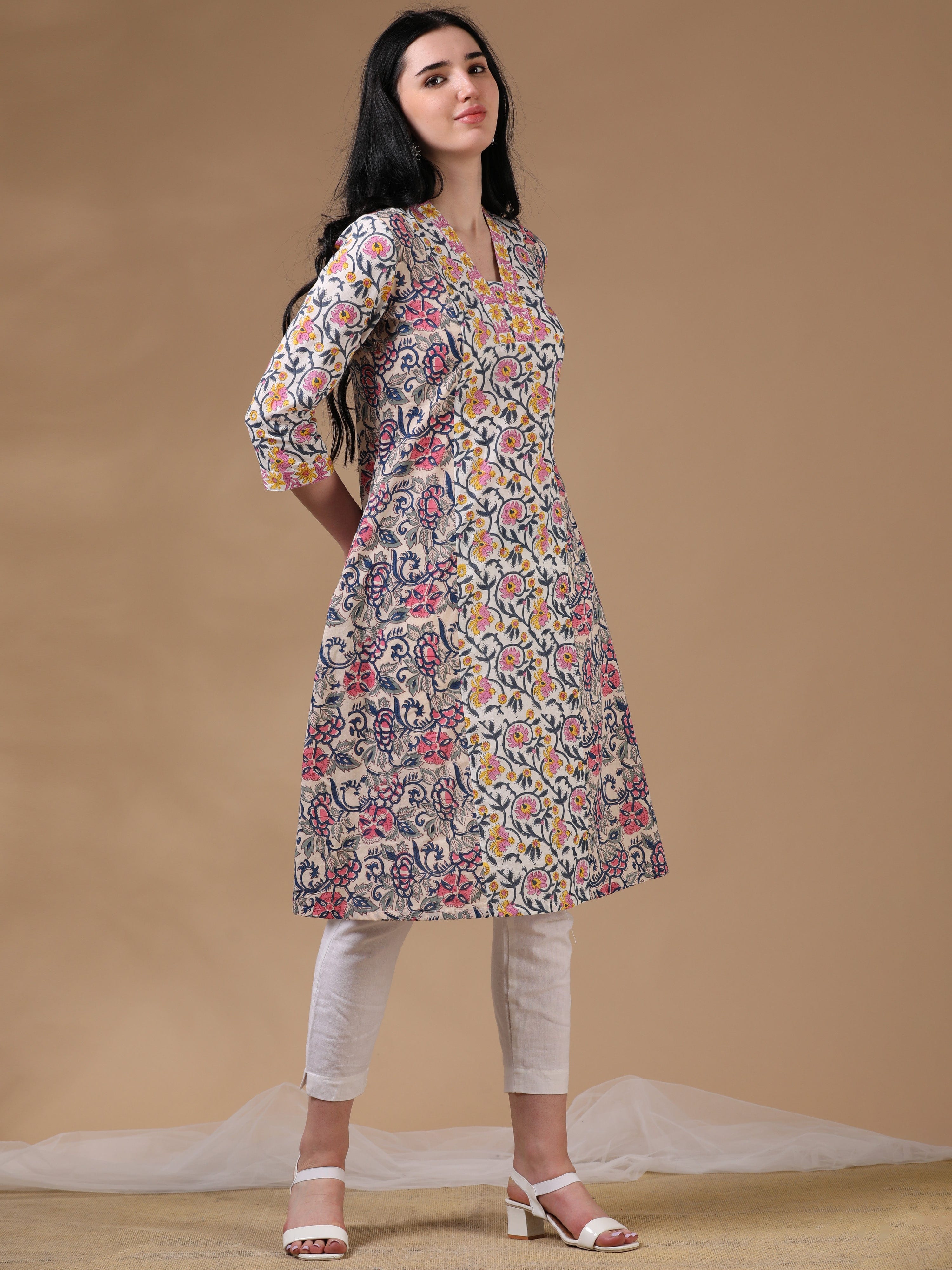 White 3/4th Regular Sleeve Block Print A-Line Dress