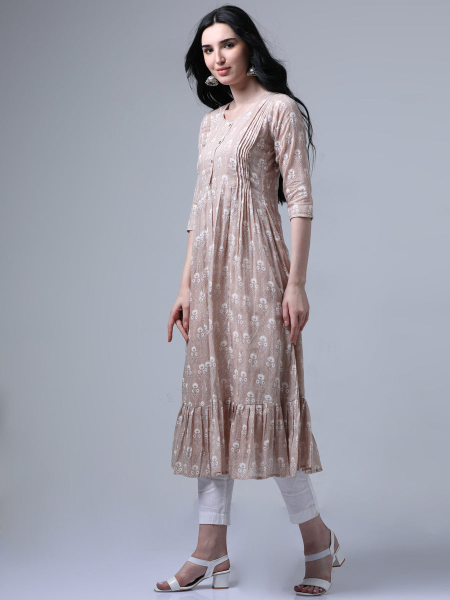 Pastel Brown 3/4th Regular Sleeves Floral Print Flared Dress