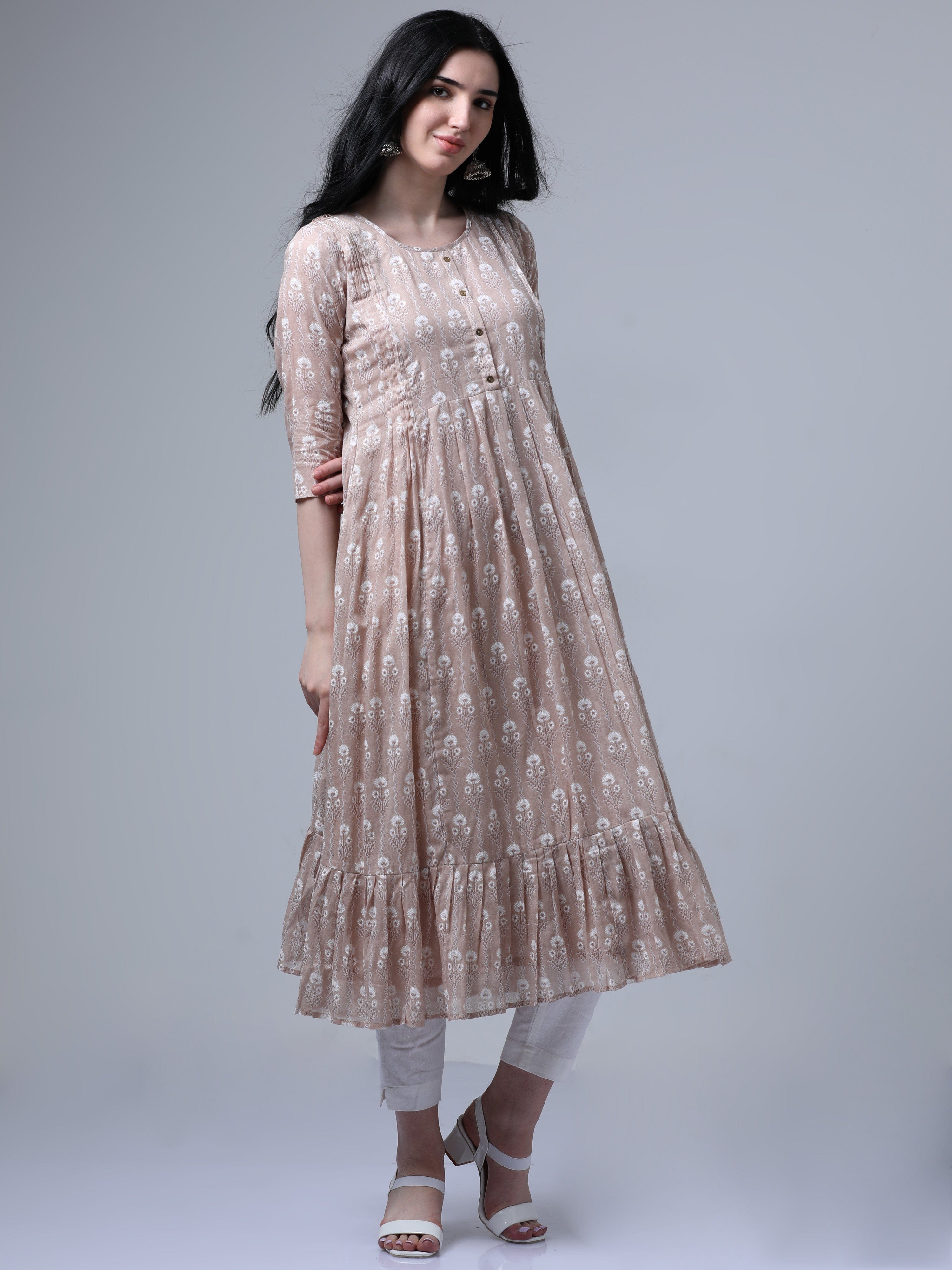 Buy latest Pastel Brown 3/4th Sleeves Floral Print Flared Dress – Hassu's