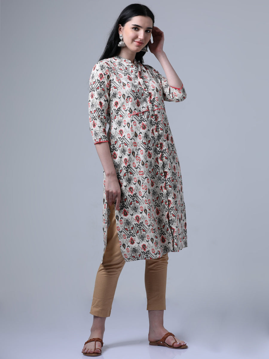 Cream 3/4th Regular Sleeve Traditional Motifs A-Line Kurta