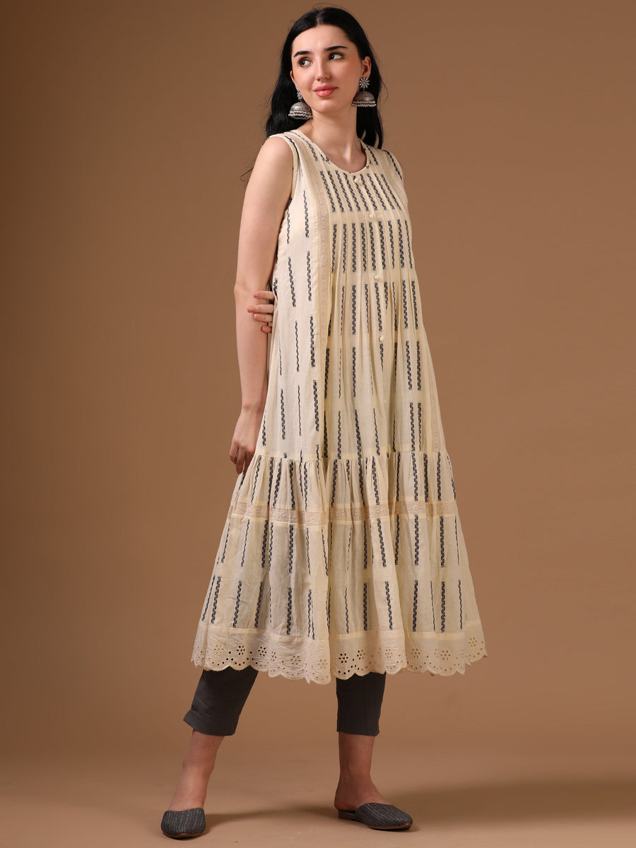 Off-White Sleeveless Traditional Motifs Flared Dress