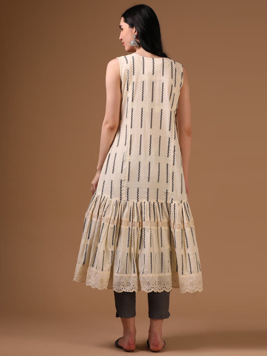 Off-White Sleeveless Traditional Motifs Flared Dress