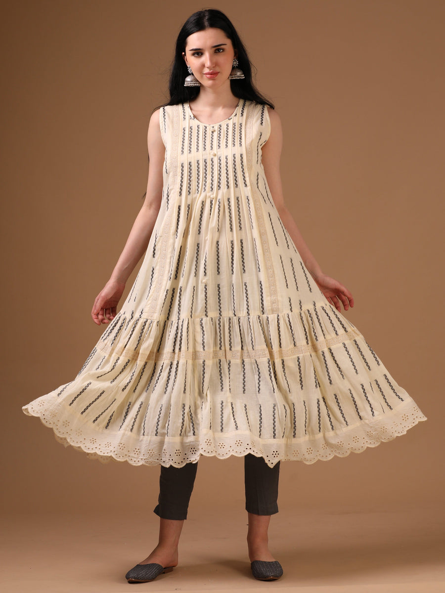 Off-White Sleeveless Traditional Motifs Flared Dress