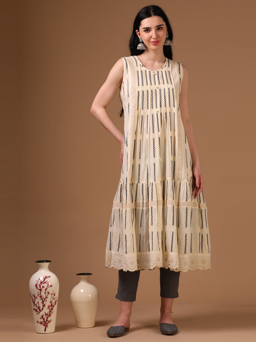 Off-White Sleeveless Traditional Motifs Flared Dress