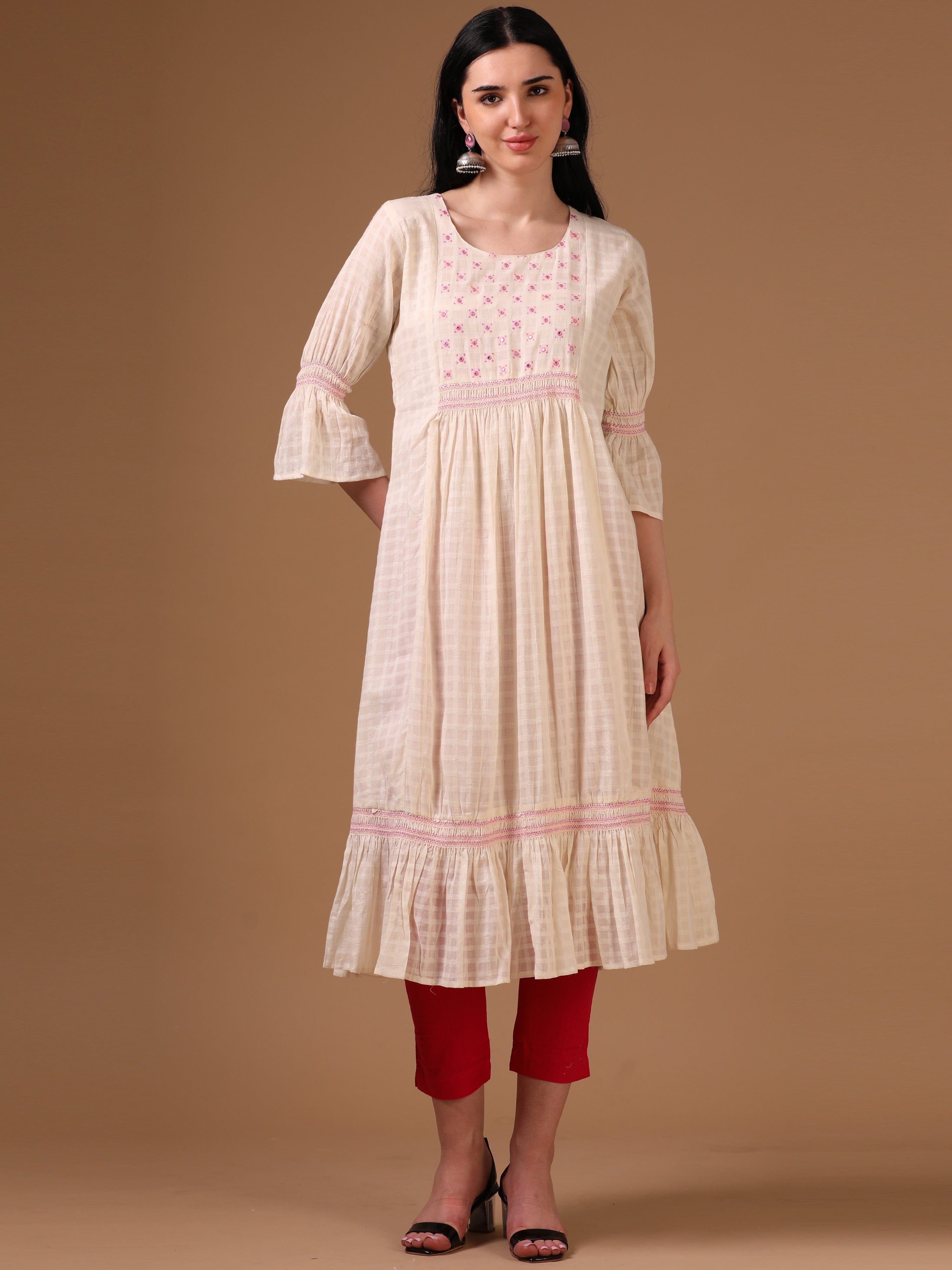 Off-White 3/4th Flared Sleeve Self Textured Flared Dress