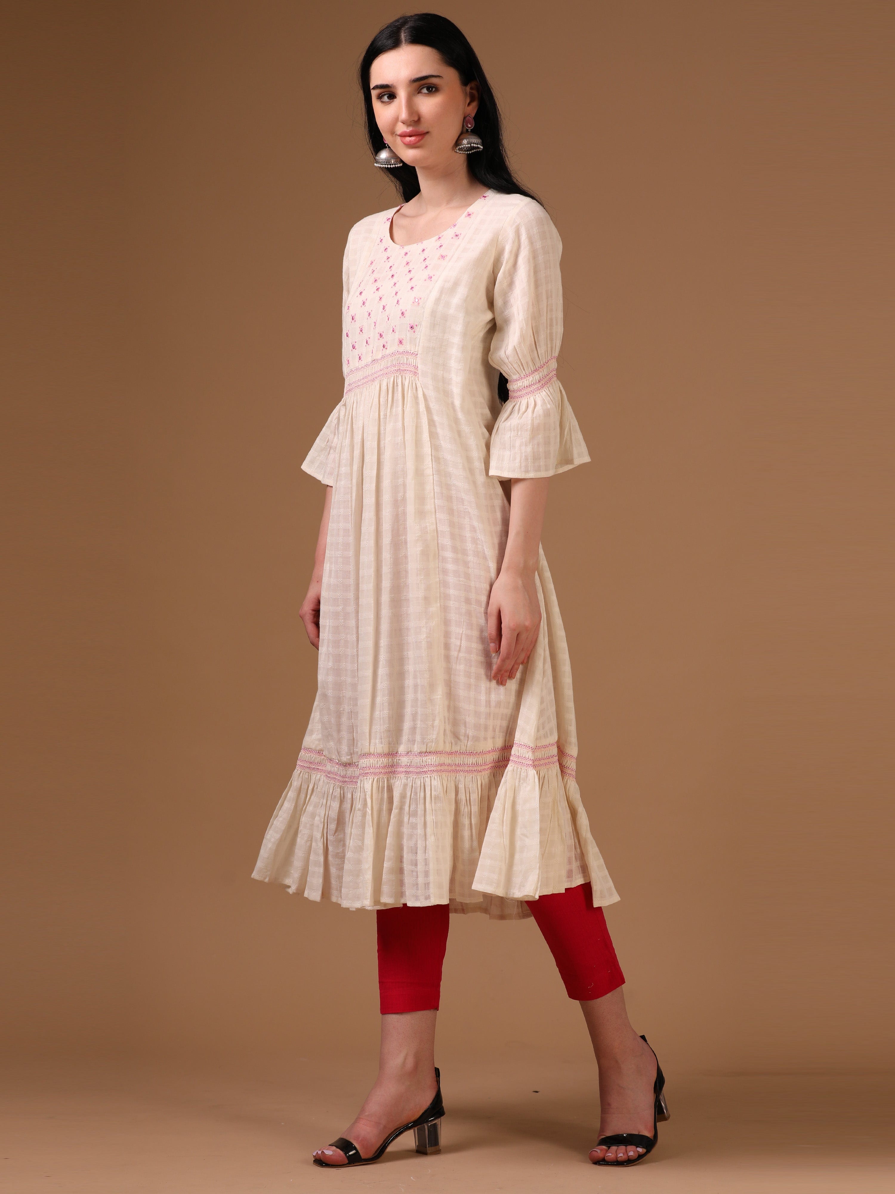 Off-White 3/4th Flared Sleeve Self Textured Flared Dress