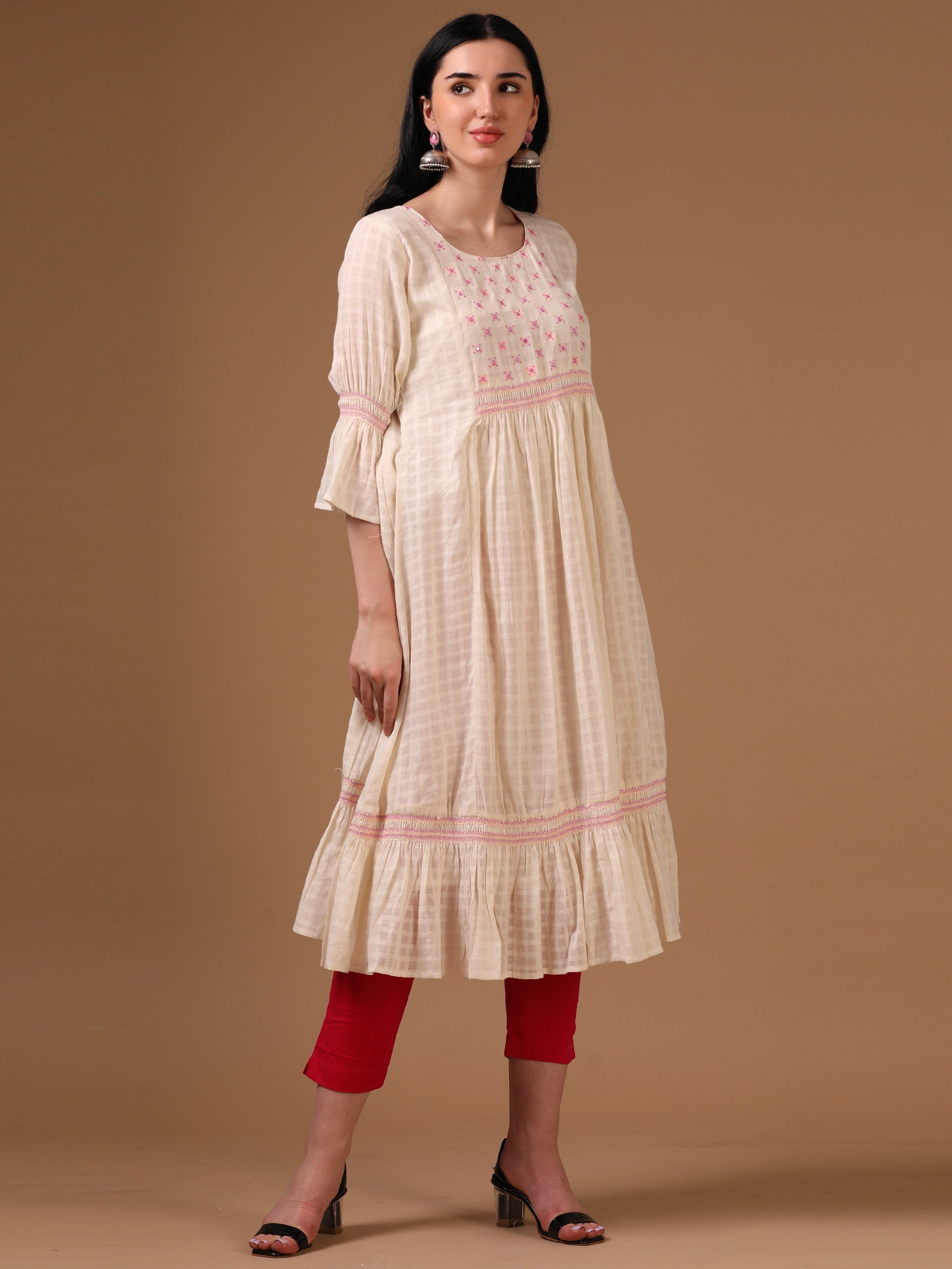 Off-White 3/4th Flared Sleeve Self Textured Flared Dress