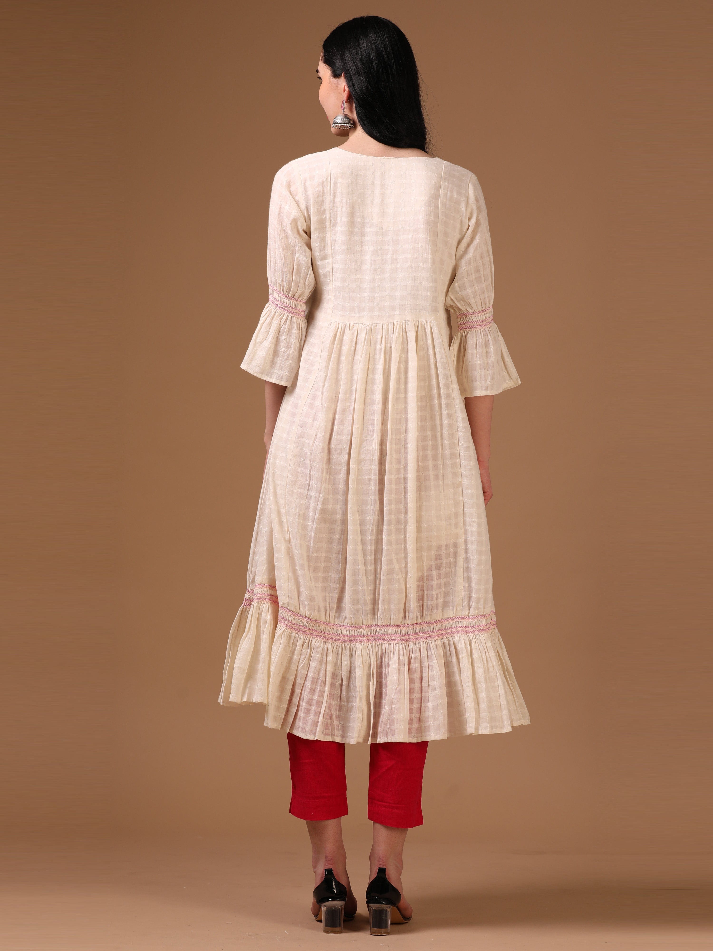 Off-White 3/4th Flared Sleeve Self Textured Flared Dress