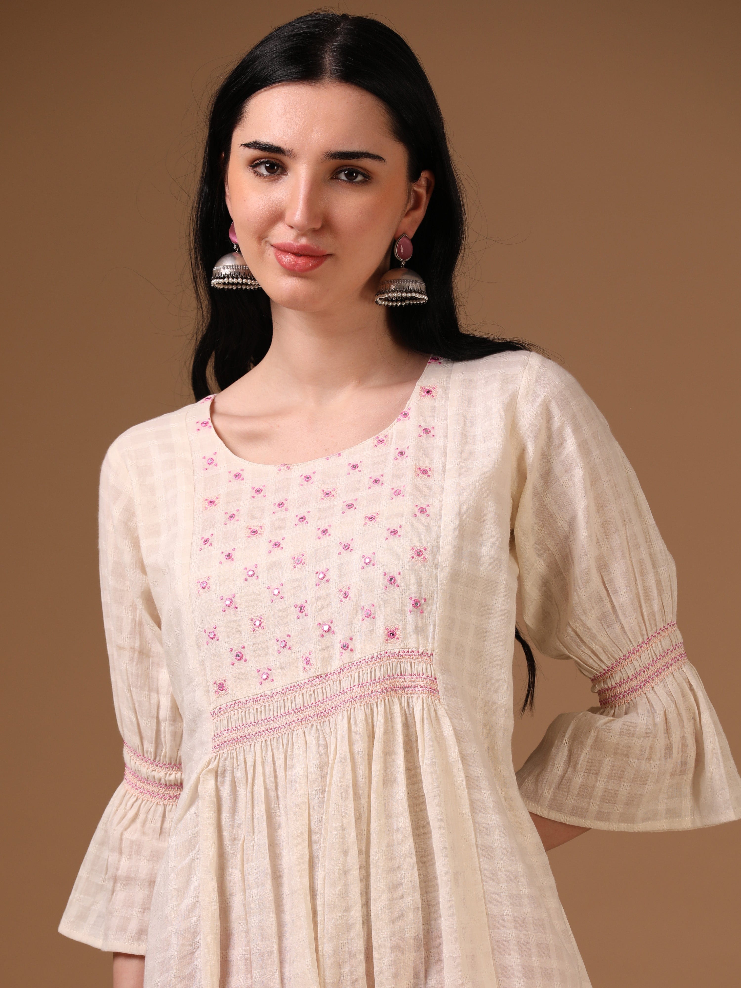 Off-White 3/4th Flared Sleeve Self Textured Flared Dress