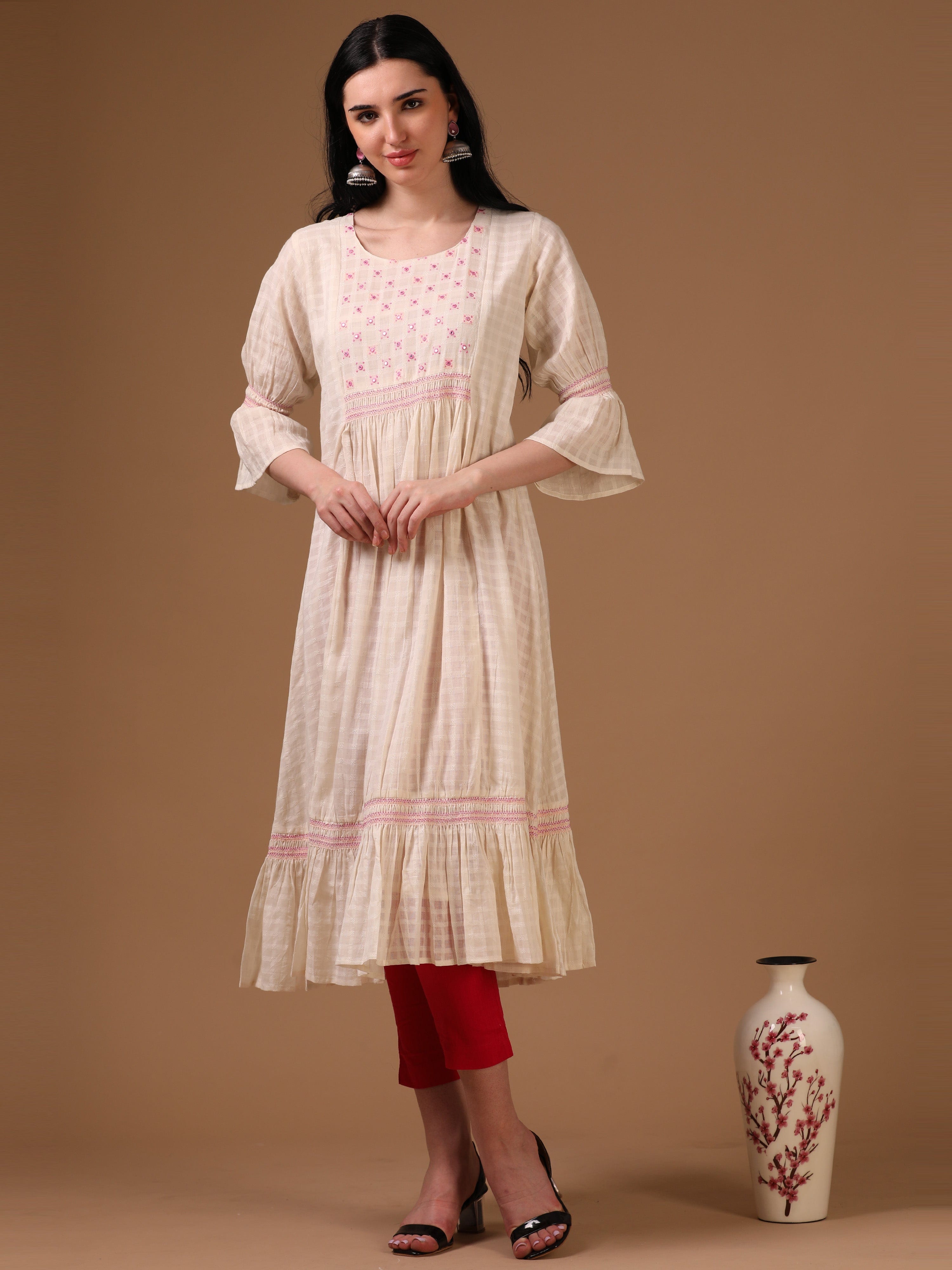 Off-White 3/4th Flared Sleeve Self Textured Flared Dress