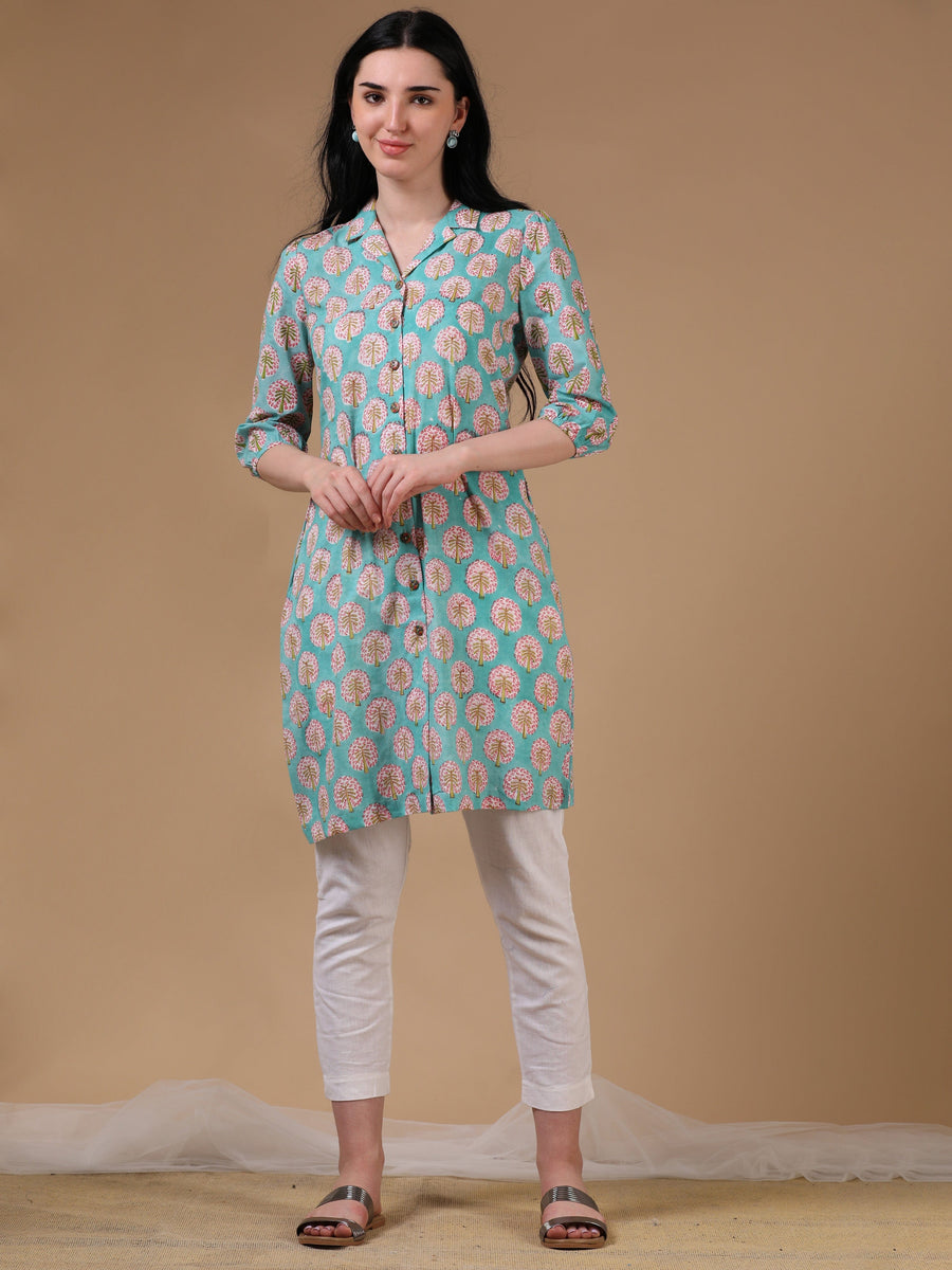 Light Green 3/4th Regular Sleeve Block Print A-Line Kurtas