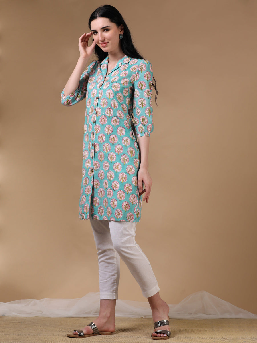 Light Green 3/4th Regular Sleeve Block Print A-Line Kurtas