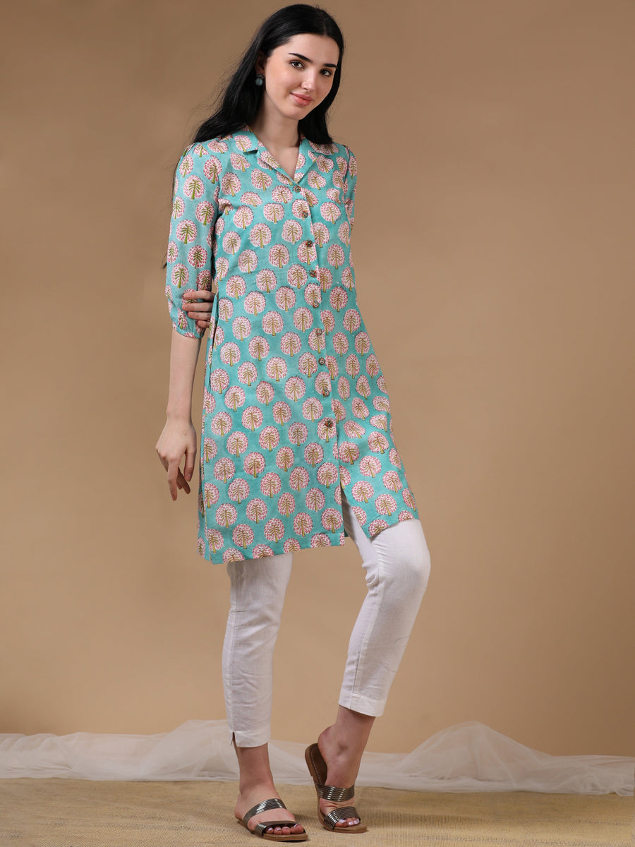 Light Green 3/4th Regular Sleeve Block Print A-Line Kurtas