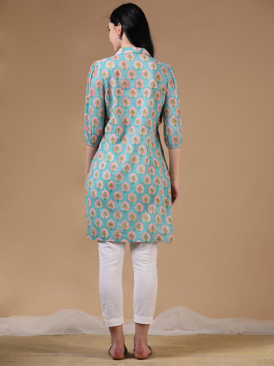 Light Green 3/4th Regular Sleeve Block Print A-Line Kurtas