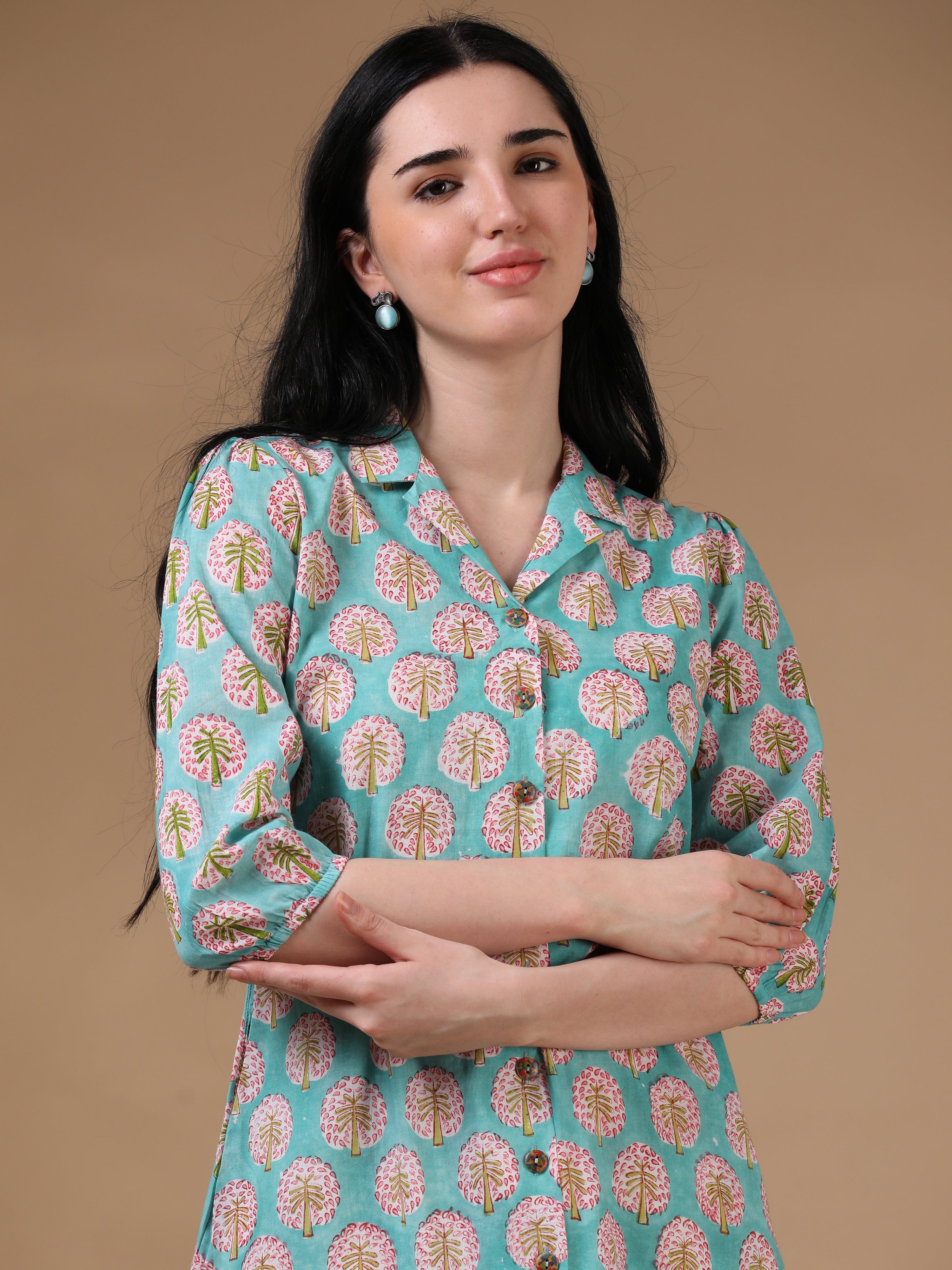 Light Green 3/4th Regular Sleeve Block Print A-Line Kurtas
