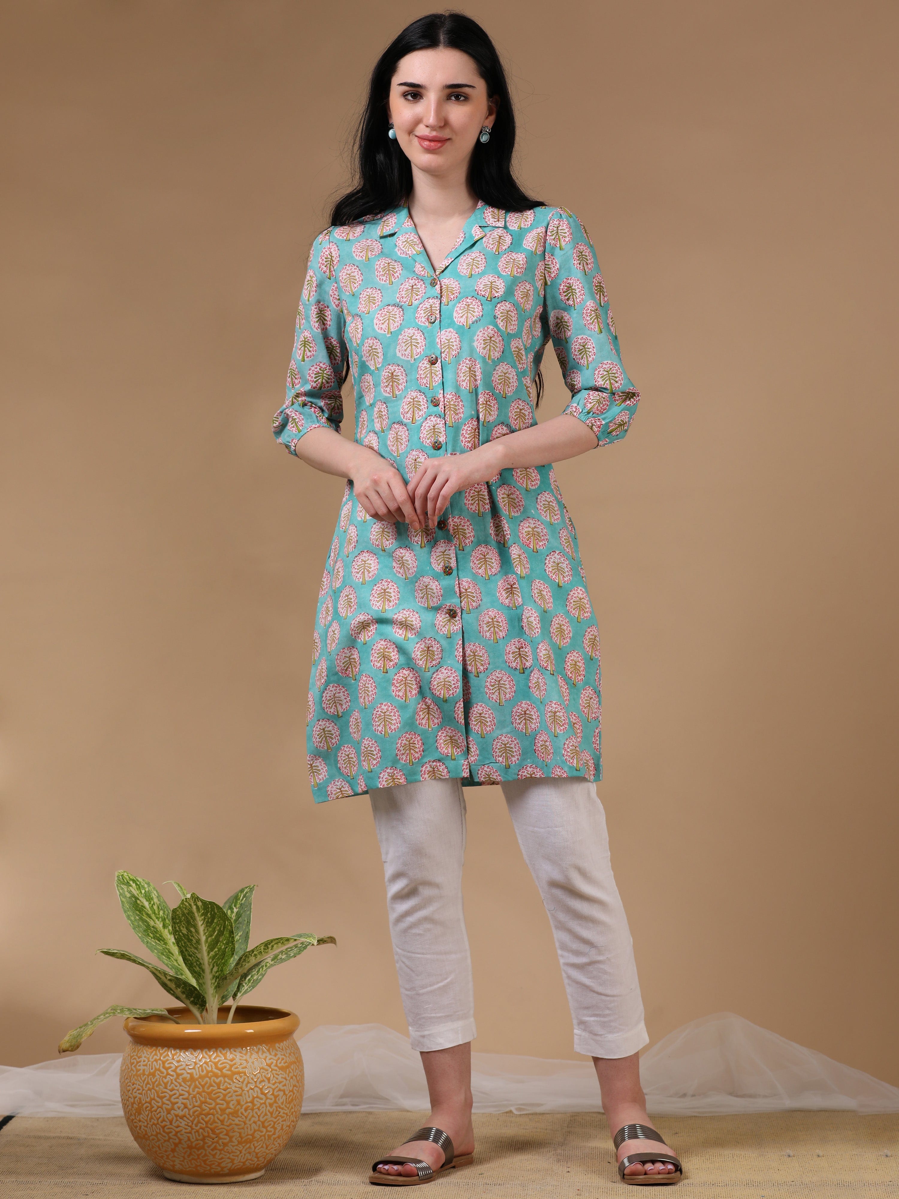 Light Green 3/4th Regular Sleeve Block Print A-Line Kurtas