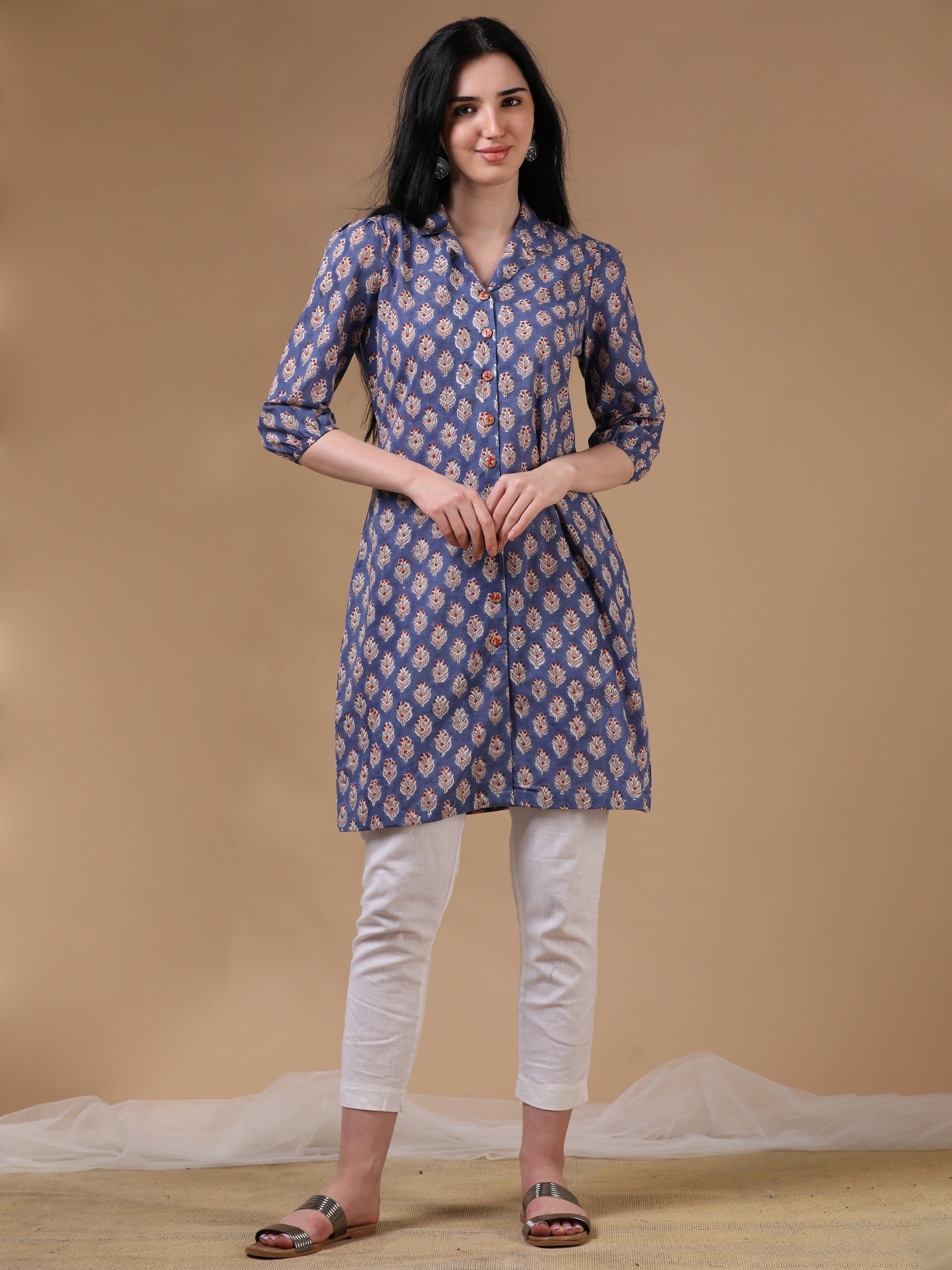 Navy 3/4th Puff Sleeve Block Print A-Line Kurtas