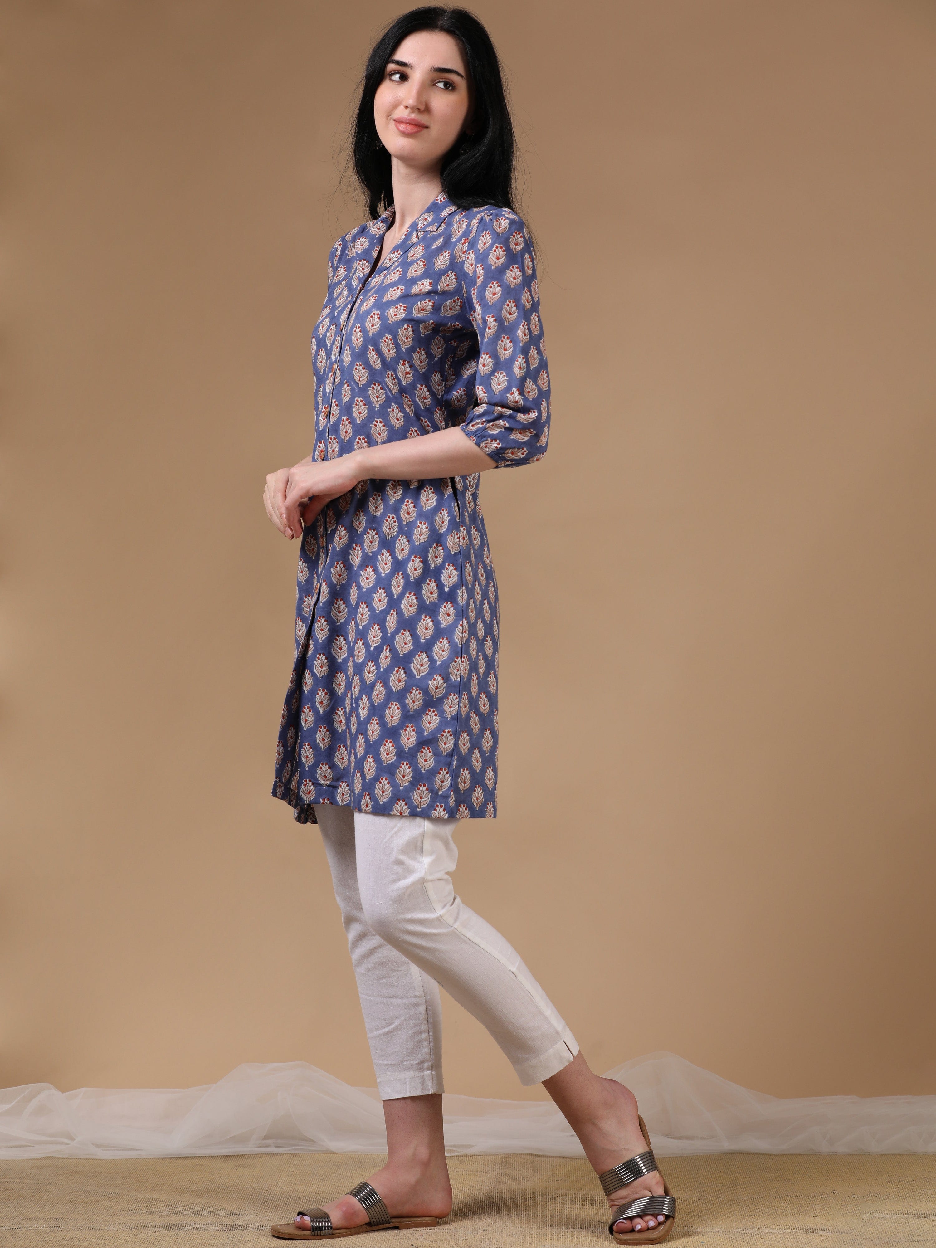 Navy 3/4th Puff Sleeve Block Print A-Line Kurtas