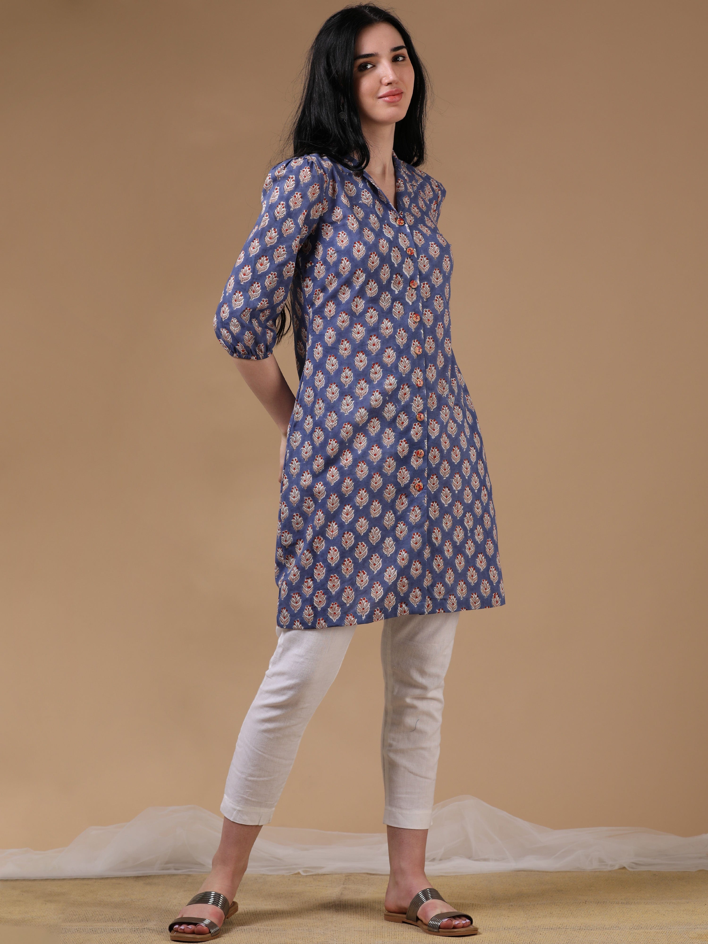 Navy 3/4th Puff Sleeve Block Print A-Line Kurtas