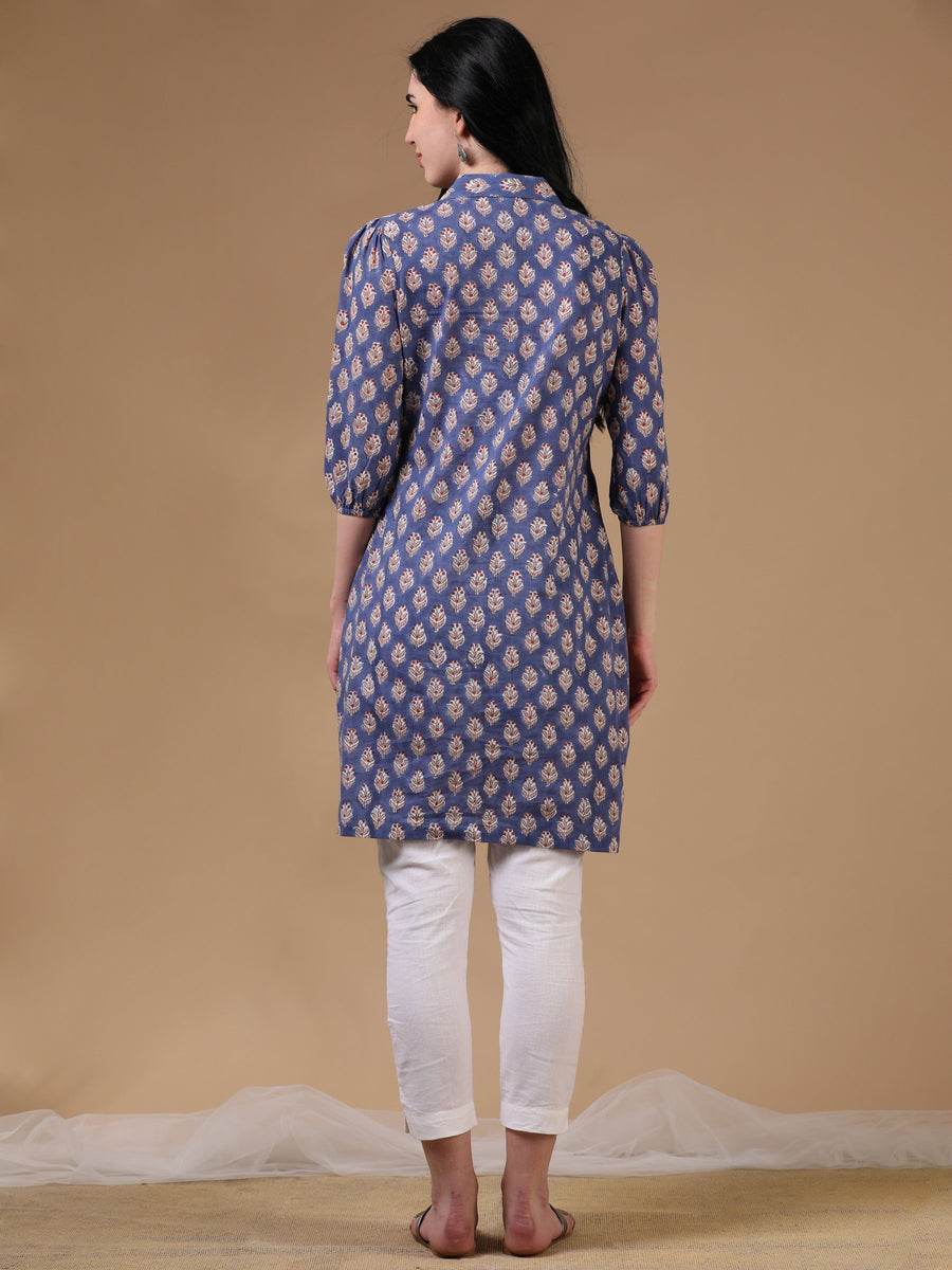 Navy 3/4th Puff Sleeve Block Print A-Line Kurtas