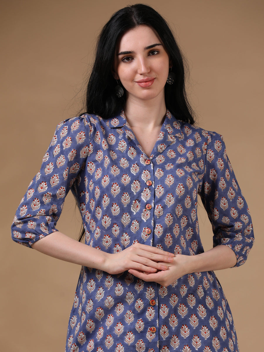 Navy 3/4th Puff Sleeve Block Print A-Line Kurtas