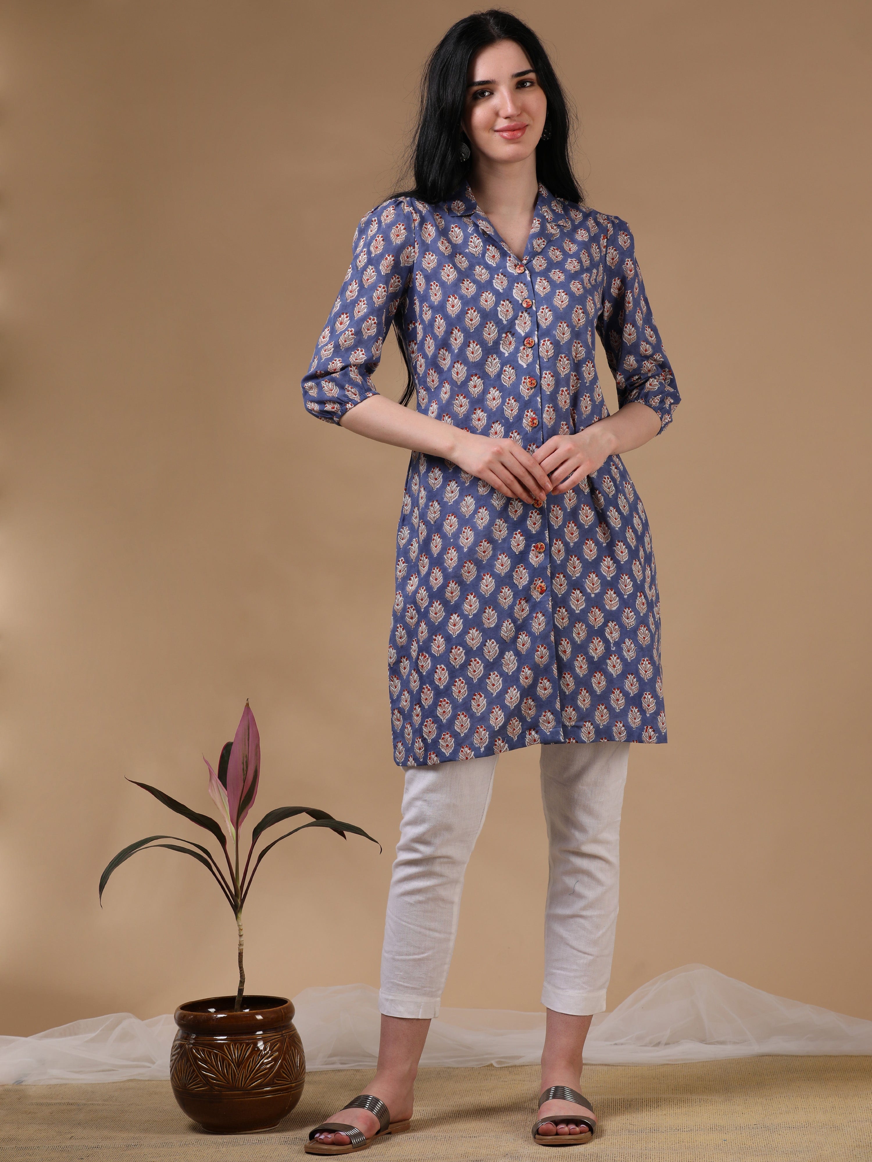 Navy 3/4th Puff Sleeve Block Print A-Line Kurtas