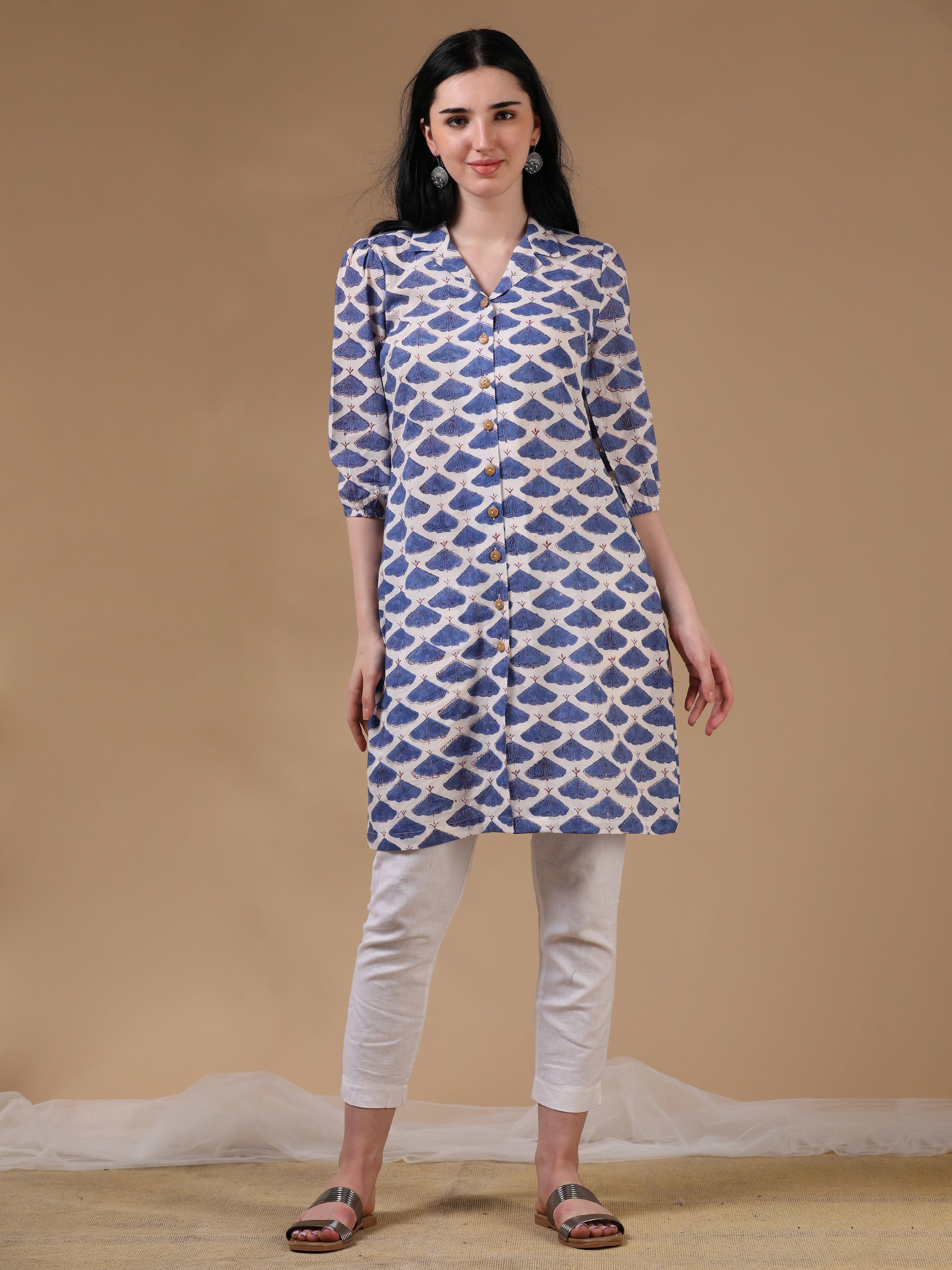 White 3/4th Puff Sleeve Block Print A-Line Kurtas