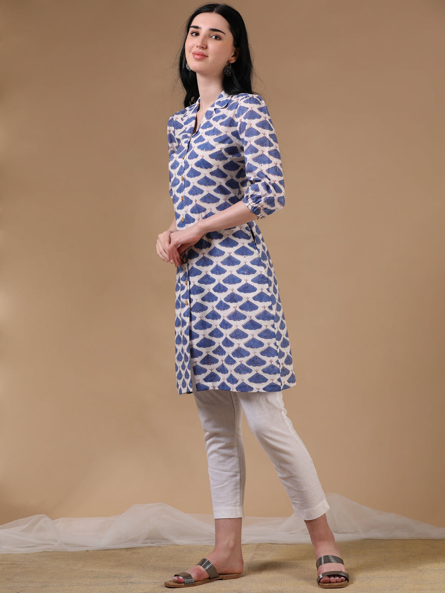 White 3/4th Puff Sleeve Block Print A-Line Kurtas