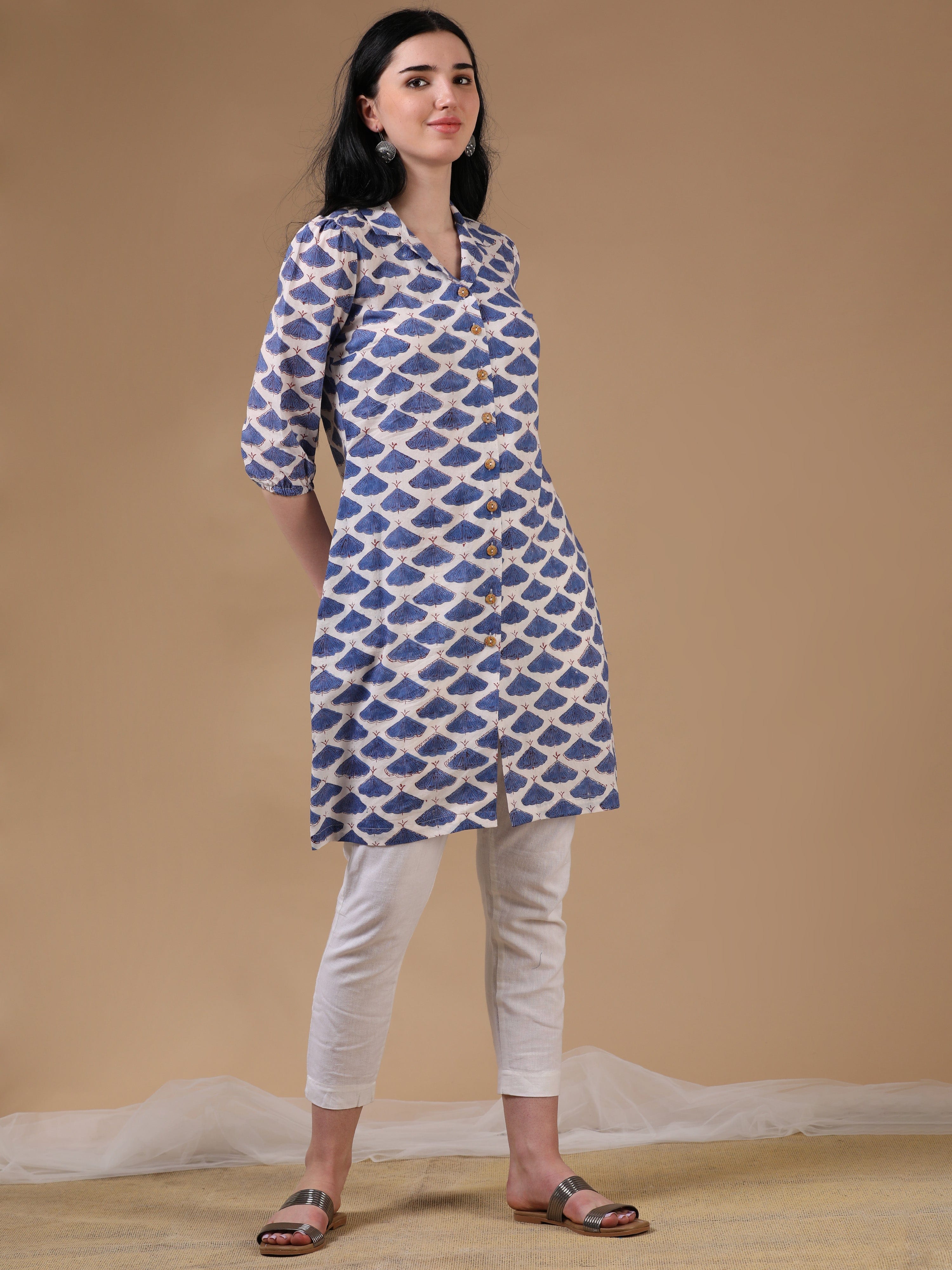 White 3/4th Puff Sleeve Block Print A-Line Kurtas