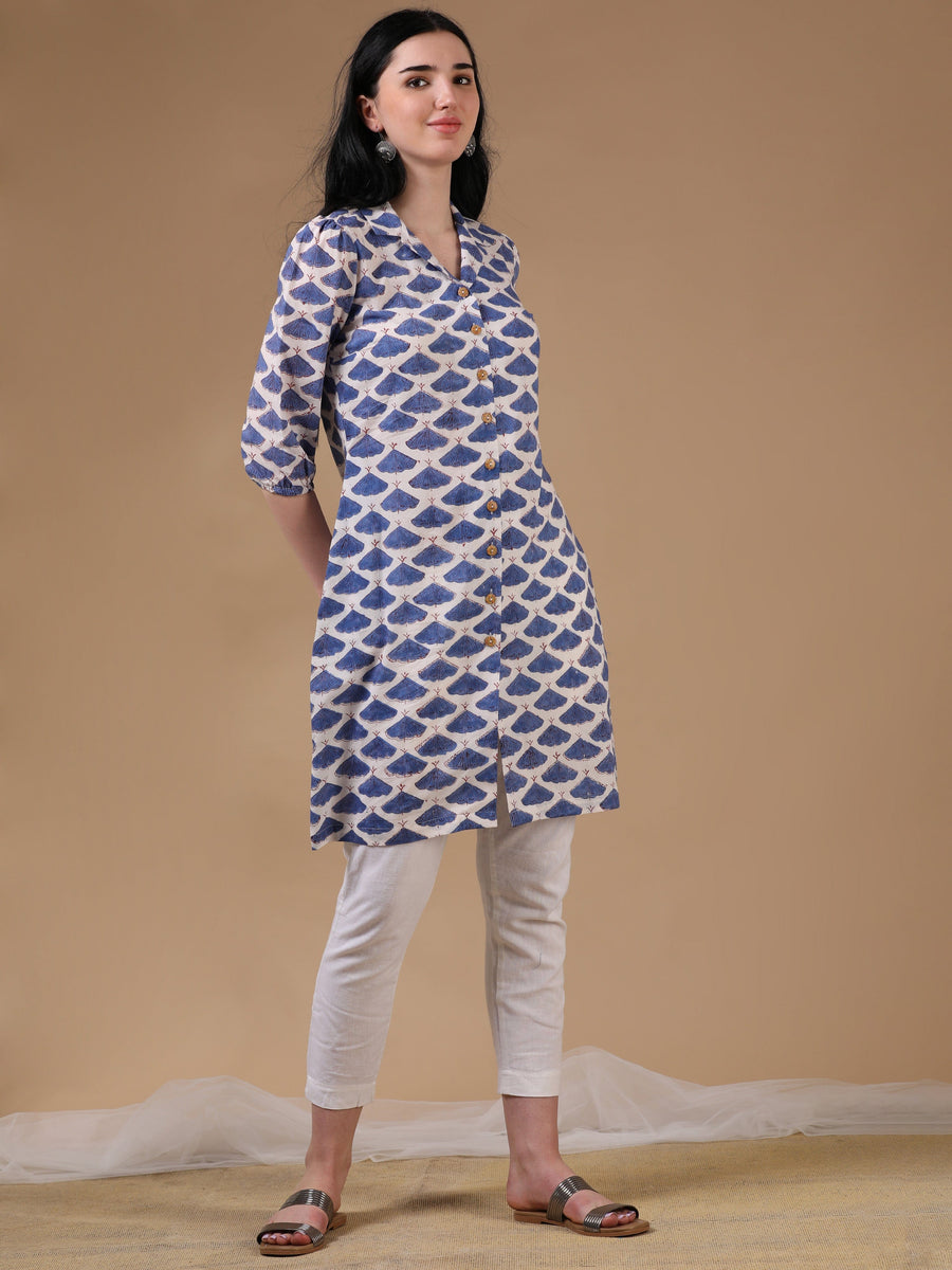 White 3/4th Puff Sleeve Block Print A-Line Kurtas