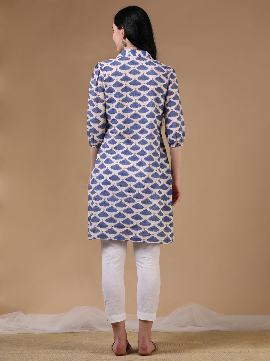 White 3/4th Puff Sleeve Block Print A-Line Kurtas