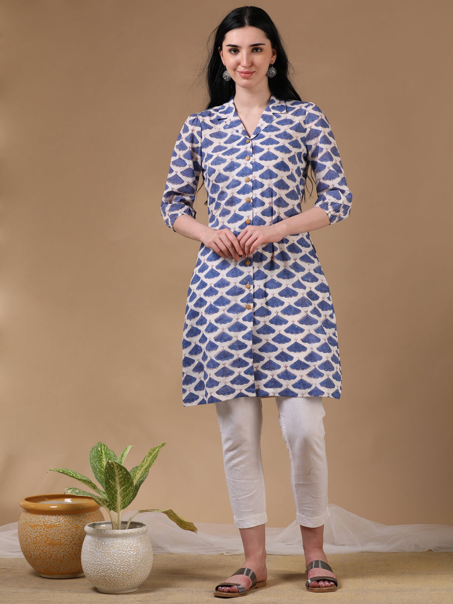 White 3/4th Puff Sleeve Block Print A-Line Kurtas