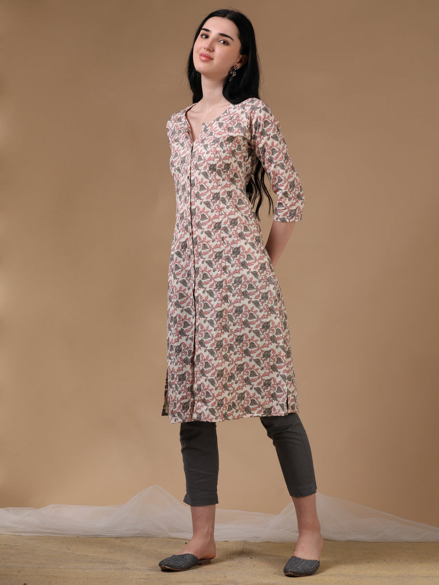 Light Green 3/4th Regular Sleeve Block Print A-Line Kurta