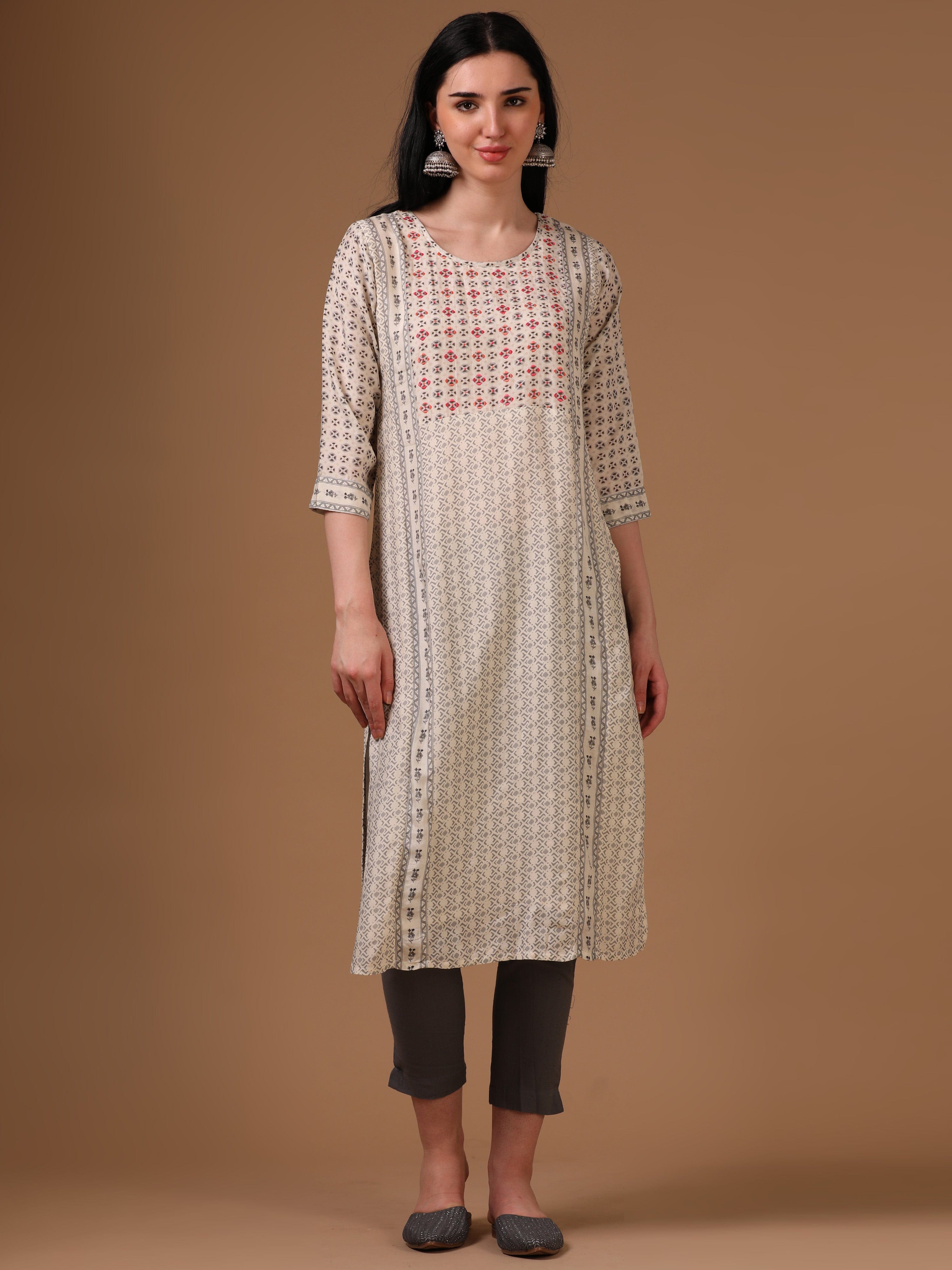 Cream 3/4th Regular Sleeve Abstract Motifs Straight Cut Kurta