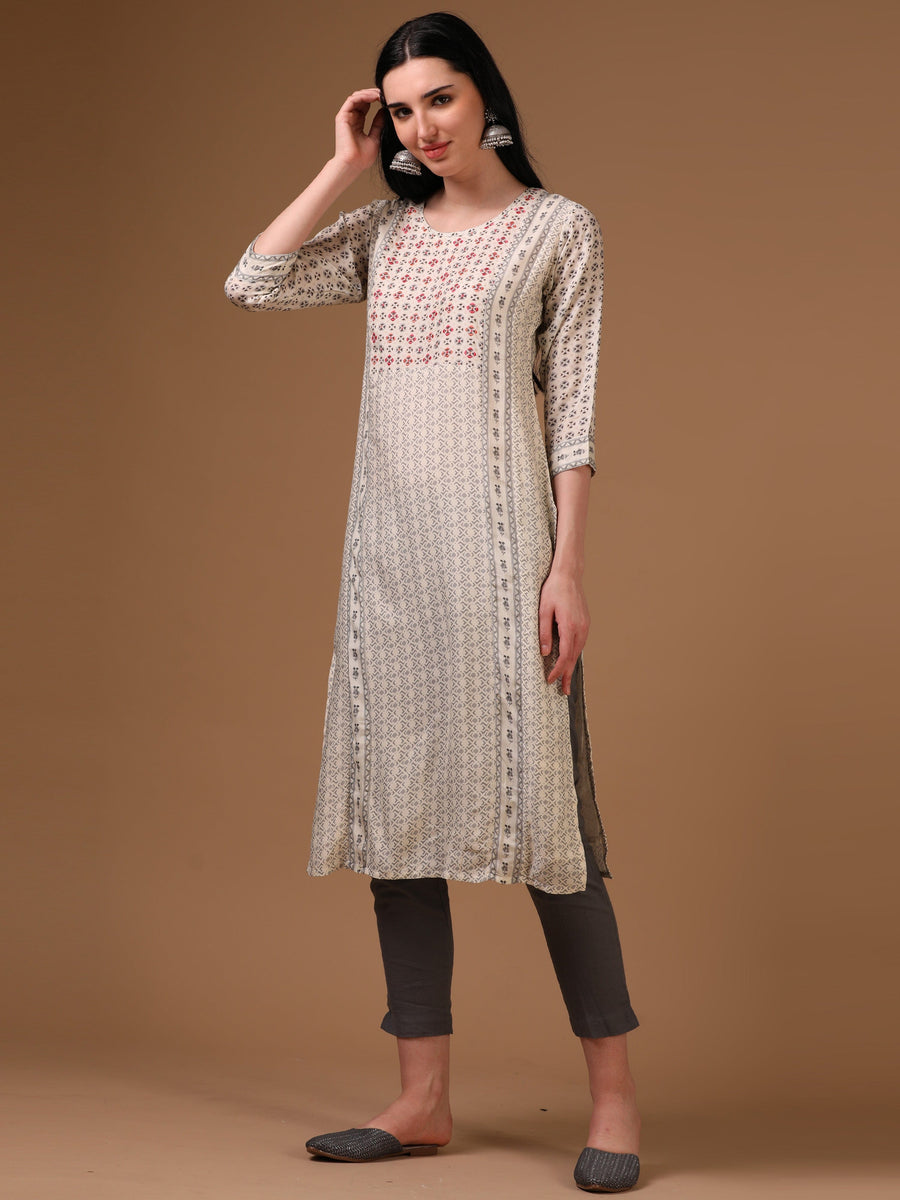 Cream 3/4th Regular Sleeve Abstract Motifs Straight Cut Kurta