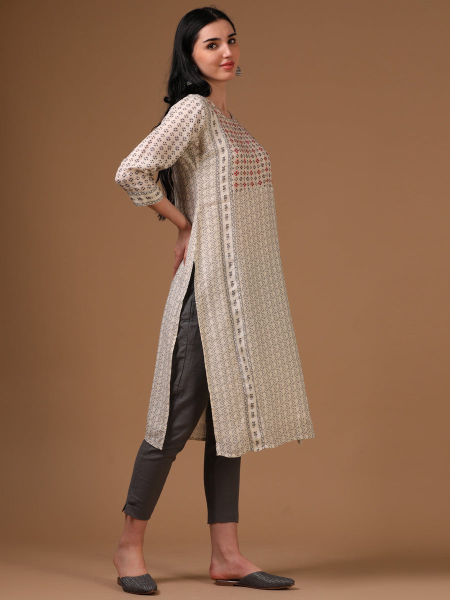 Cream 3/4th Regular Sleeve Abstract Motifs Straight Cut Kurta