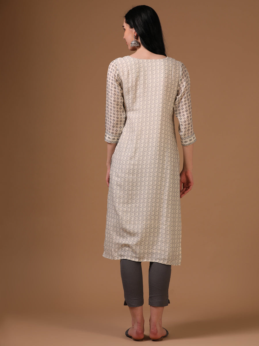 Cream 3/4th Regular Sleeve Abstract Motifs Straight Cut Kurta