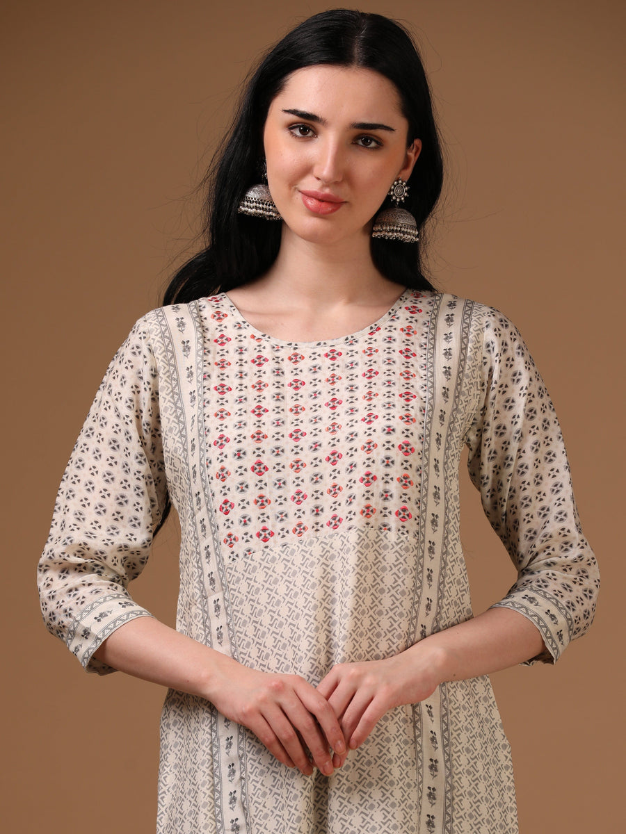 Cream 3/4th Regular Sleeve Abstract Motifs Straight Cut Kurta