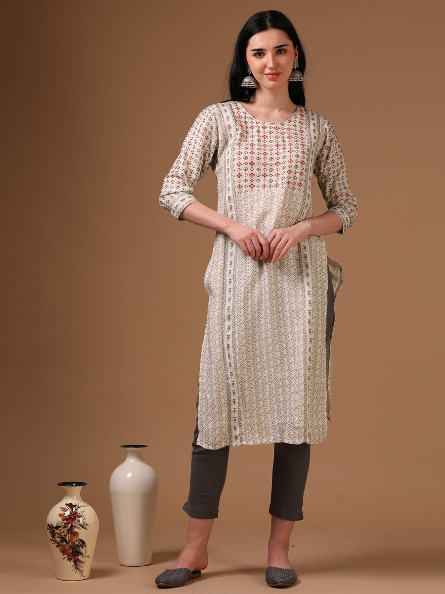 Cream 3/4th Regular Sleeve Abstract Motifs Straight Cut Kurta