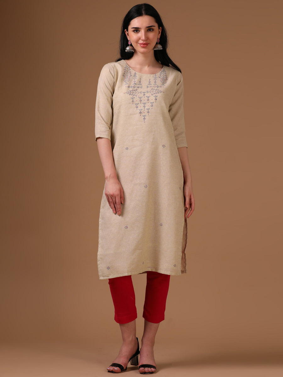 Dark Cream 3/4th Regular Sleeve Thread Work Straight Cut Kurta