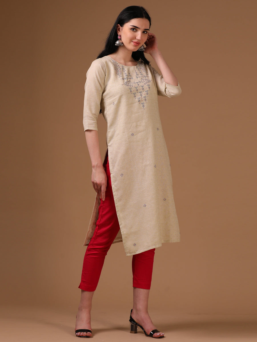 Dark Cream 3/4th Regular Sleeve Thread Work Straight Cut Kurta