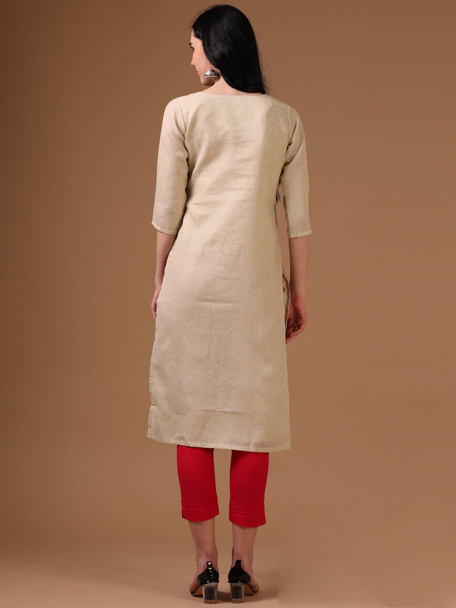 Dark Cream 3/4th Regular Sleeve Thread Work Straight Cut Kurta