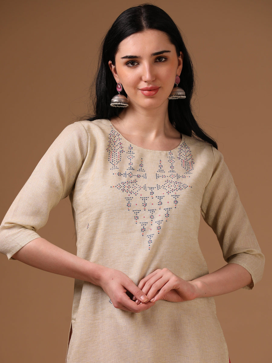 Dark Cream 3/4th Regular Sleeve Thread Work Straight Cut Kurta