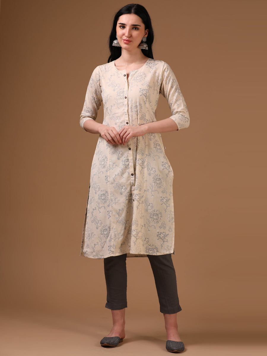 Cream 3/4th Regular Sleeve Abstract Floral Print A-Line Kurta