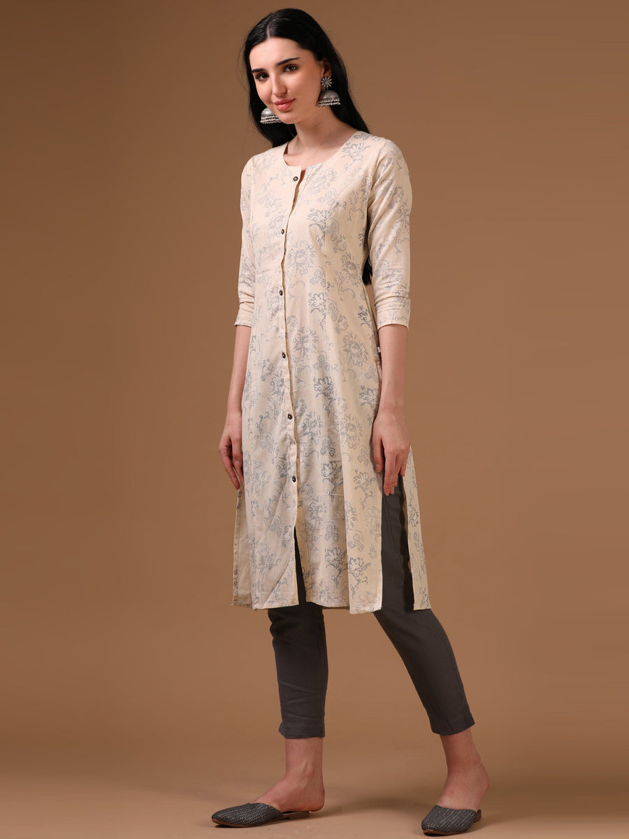 Cream 3/4th Regular Sleeve Abstract Floral Print A-Line Kurta