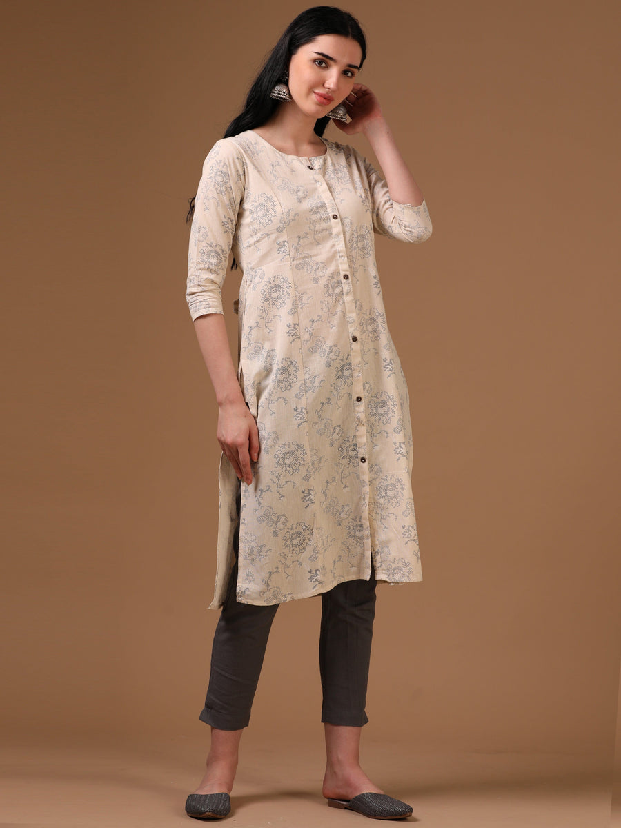 Cream 3/4th Regular Sleeve Abstract Floral Print A-Line Kurta