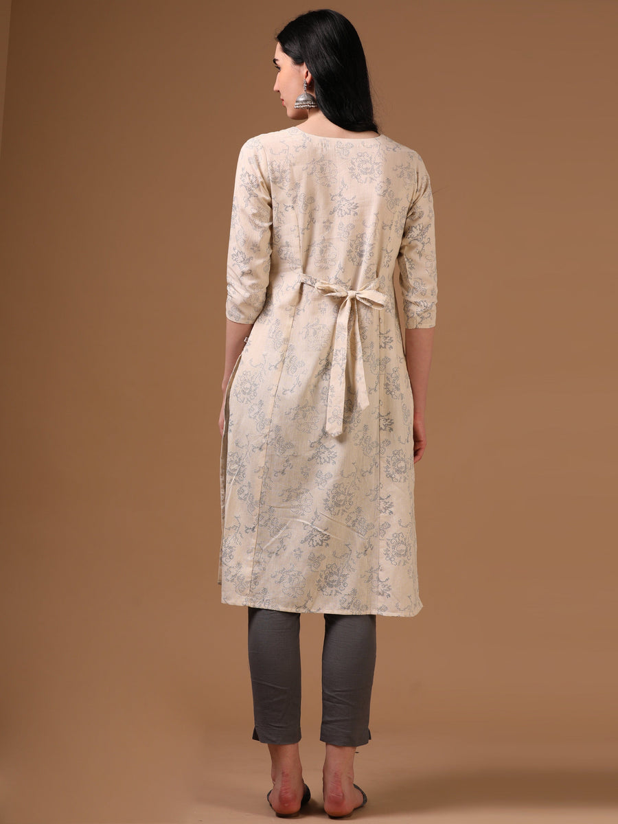 Cream 3/4th Regular Sleeve Abstract Floral Print A-Line Kurta