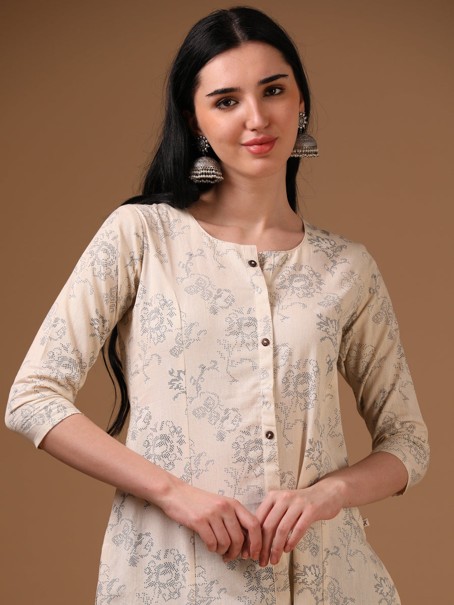 Cream 3/4th Regular Sleeve Abstract Floral Print A-Line Kurta